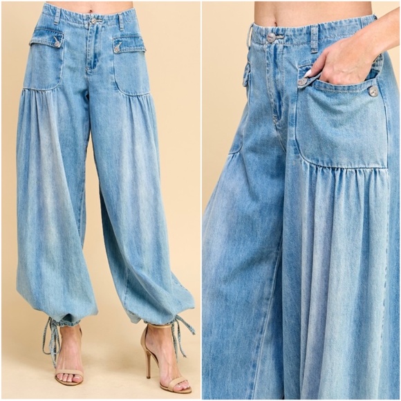 Dark Wash Pocket Wide Leg Ankle 2 way Wide leg Pants - Picture 6 of 8